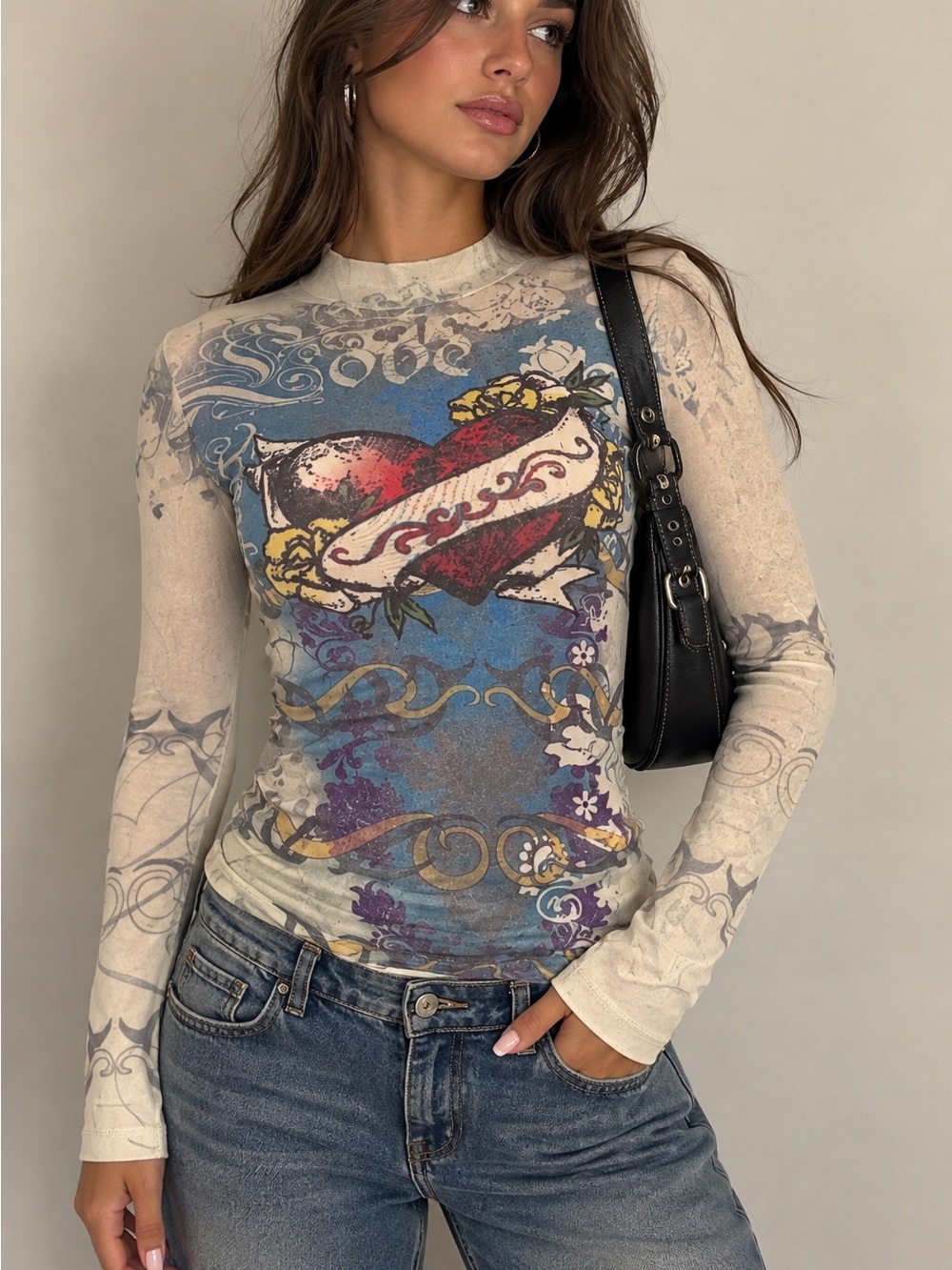 Fabulous Y2K Heart Ed Hardy Style Heart Mock Neck Long Sleeve Sweater Top